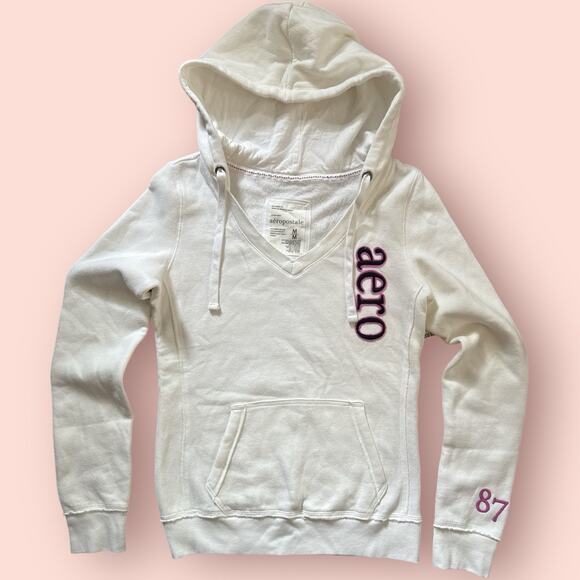 White Aeropostale Y2K fitted V-neck hoodie Medium Sweatshirt 2000s NWT Preppy - Picture 1 of 4